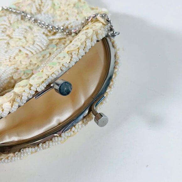 Flapper Beaded Sequined Evening Bag Kiss Clasp VTG Purse Silver Chain Strap - Picture 3 of 12